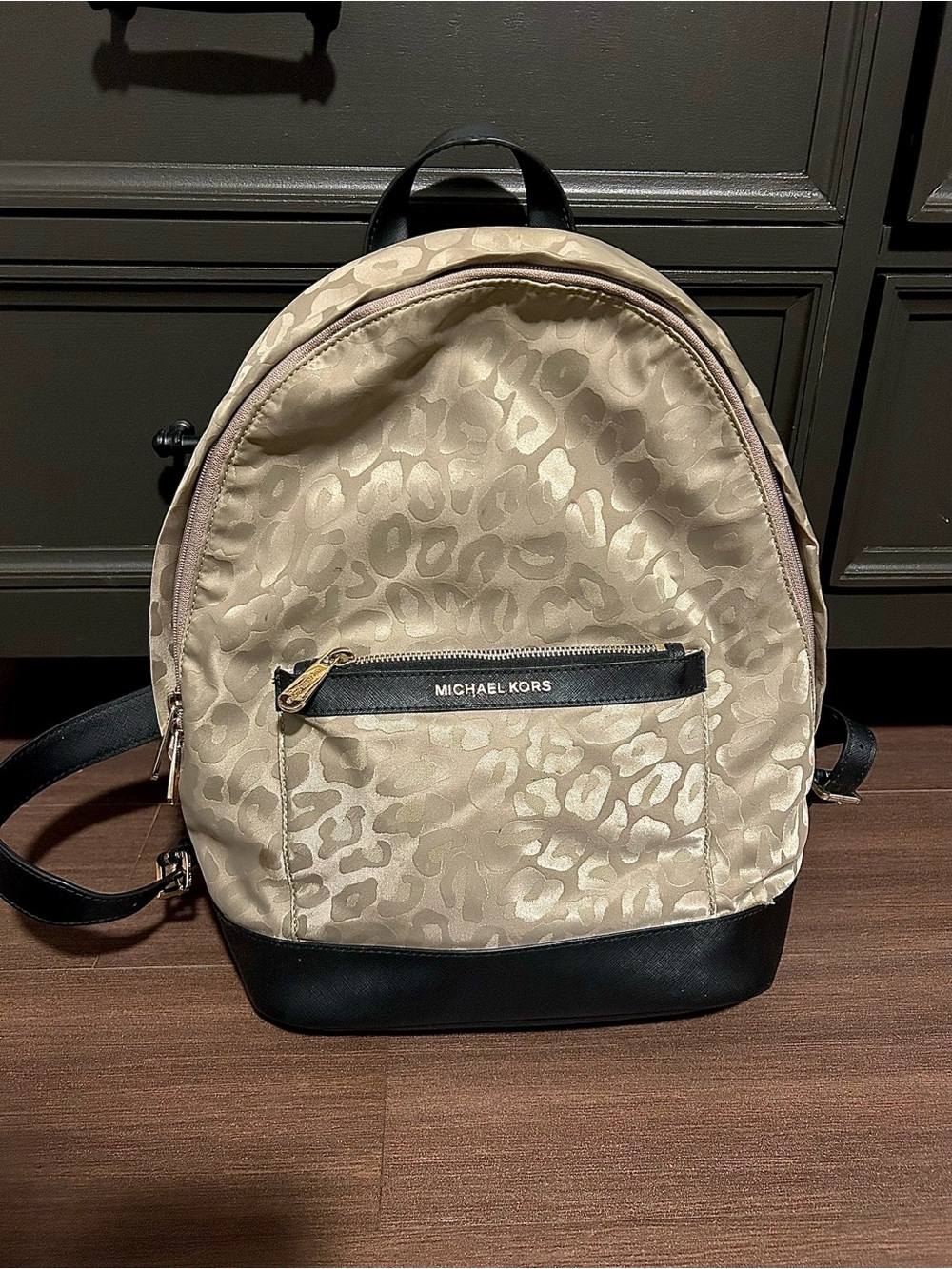 Michael Kors Champagne Leopard-Print Backpack with Black Trim